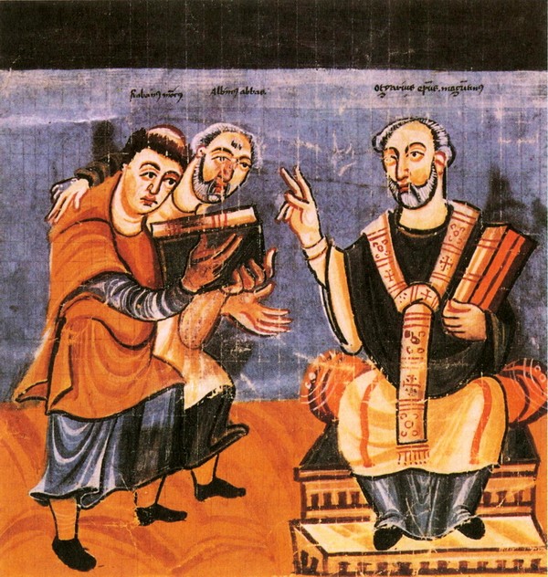 阿尔昆引着拉巴鲁·莫鲁斯将作品呈给美因茨大主教奥特加尔