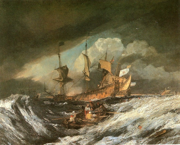 1665年，下锚的荷兰战舰与运锚索的小舟