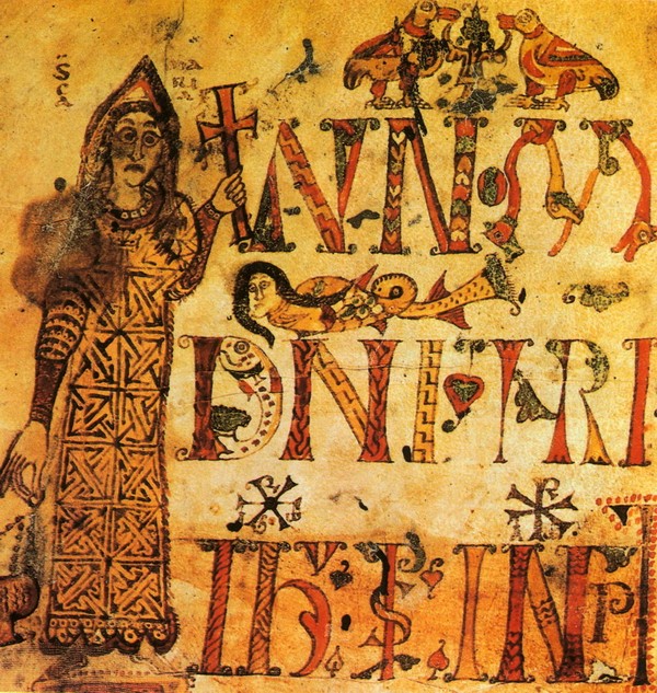 圣母马利亚像和装饰字母