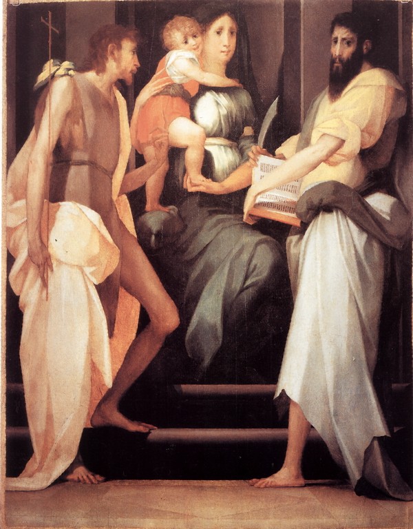 坐的宝座上的圣母玛利亚与两圣人