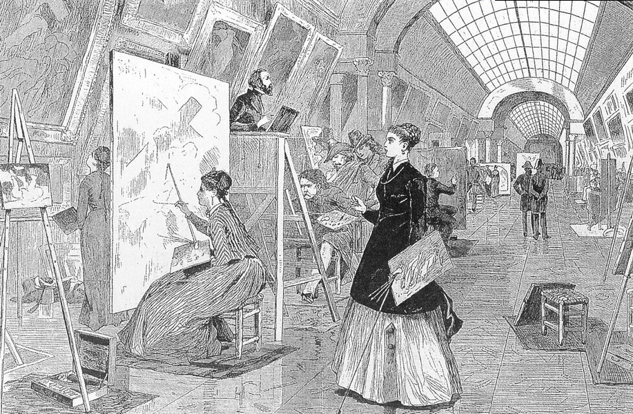 巴黎罗浮宫艺廊内的美术系学生与临摹者