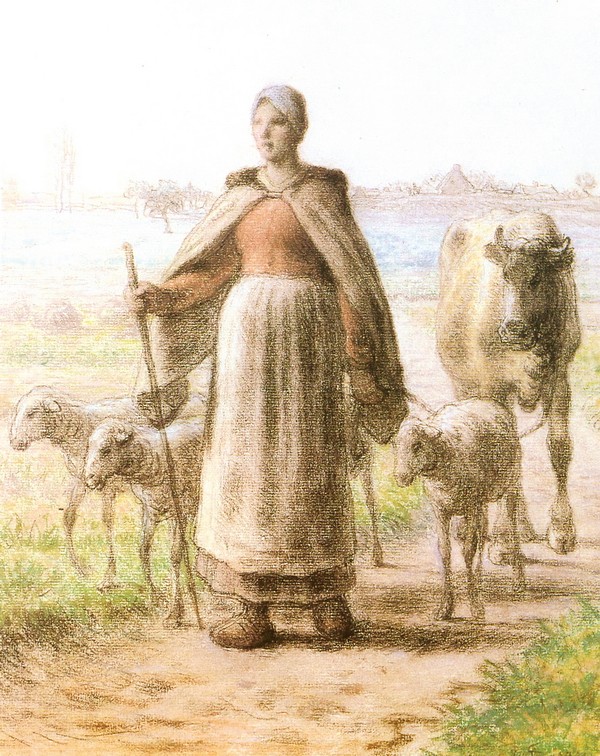 带着牛、羊群的农妇